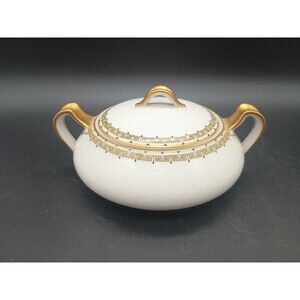 Antique Haviland Limoges Albany Sugar Bowl CRACKED Lid Greek Key Schleiger c1900